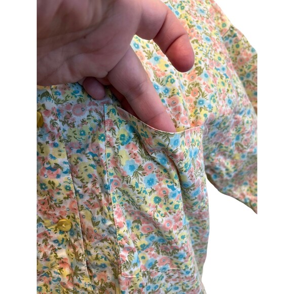Vintage 90s Shirt Button Up Collar Short Sleeve Floral Yellow Pink Blue Cotton M - Picture 3 of 16